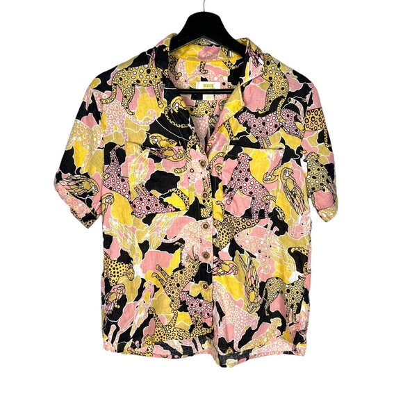 Maeve x Anthro Black Multicolor Cheetah Print Short Sleeve Button Up Linen Top X - Picture 1 of 7